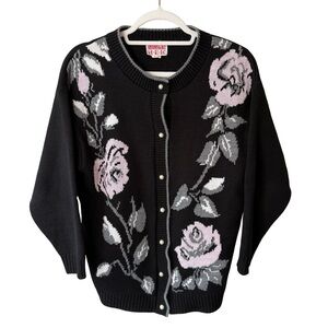 Vintage 80s H.E.R. Black Floral Women's Sweater Size M Knit Cardigan Retro Rose